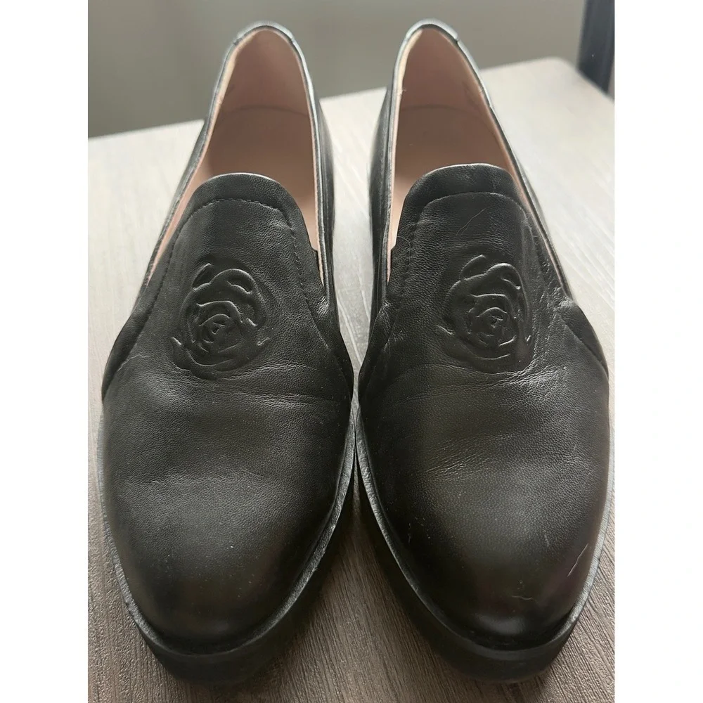 Taryn Rose Black Leather Embossed Rose Platform Loafers Slip On Shoes Womens 9